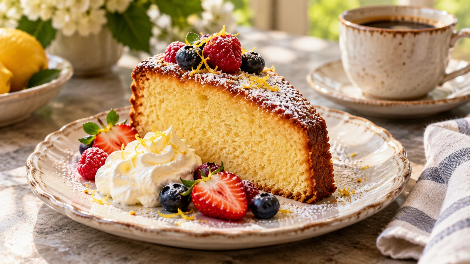 Southern pound cake slice served with berries, lemon zest, whipped cream, and coffee.