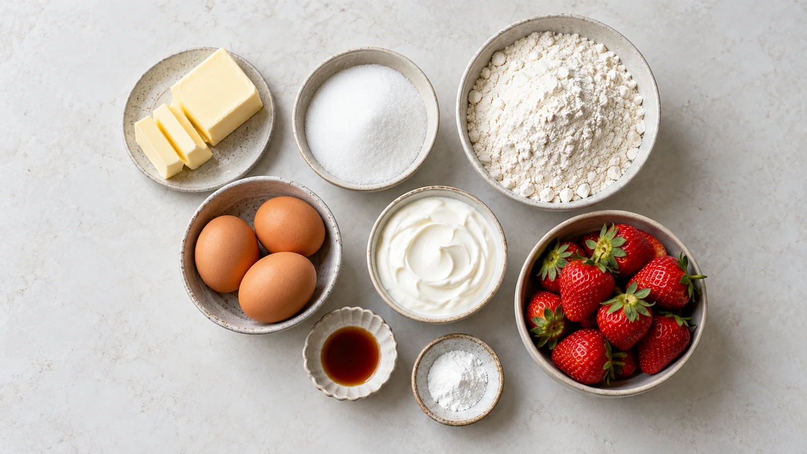 Strawberry pound cake recipe: ingredients for strawberry pound cake arranged in bowls with fresh berries, butter, eggs, flour, and sour cream.