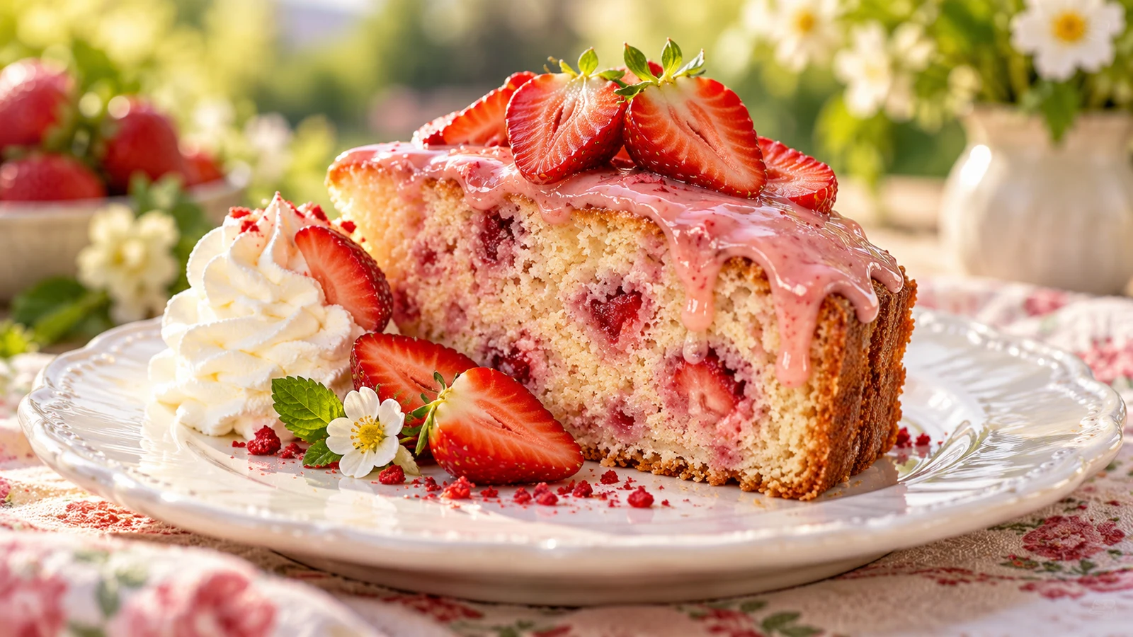Slice of strawberry pound cake with pink glaze, fresh strawberries, and softly whipped cream.