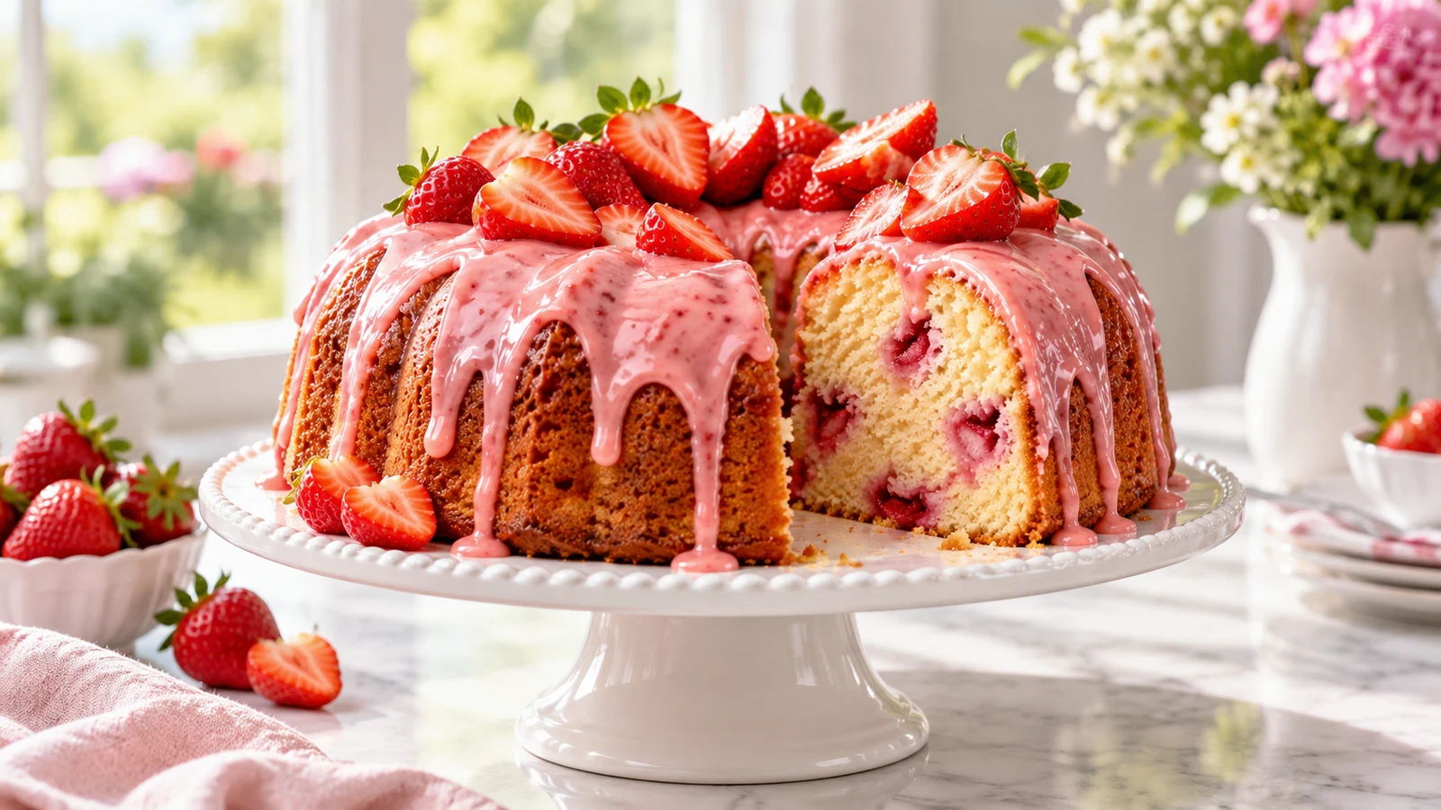 Strawberry pound cake with pink berry glaze and sliced strawberries on an elegant white cake stand.