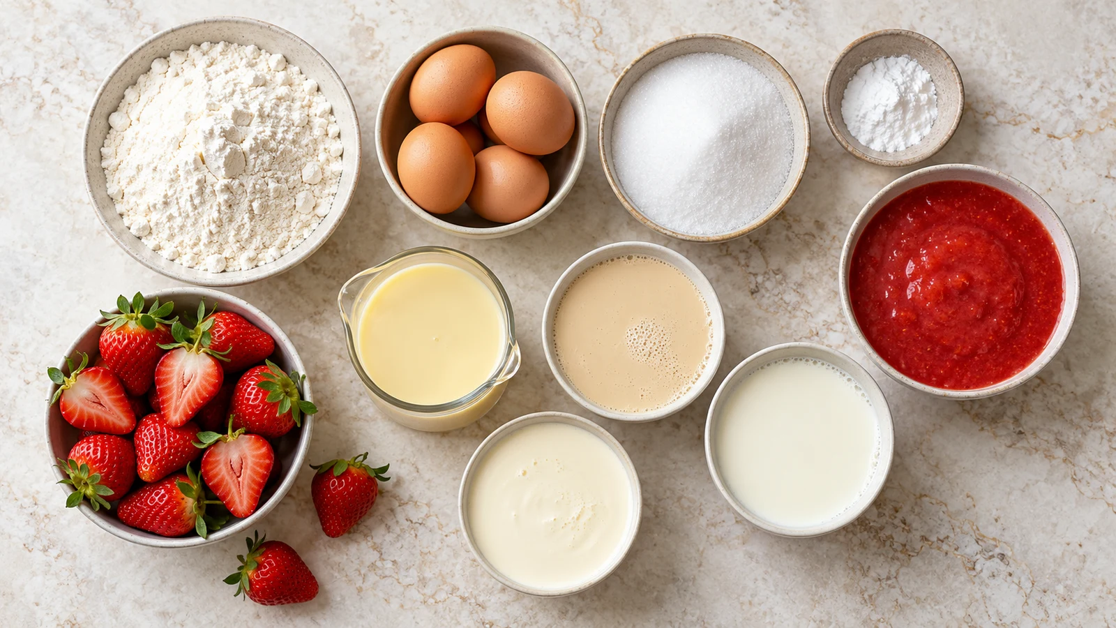 Strawberry tres leches cake recipe: ingredients for strawberry tres leches cake arranged neatly in bowls on a light surface.