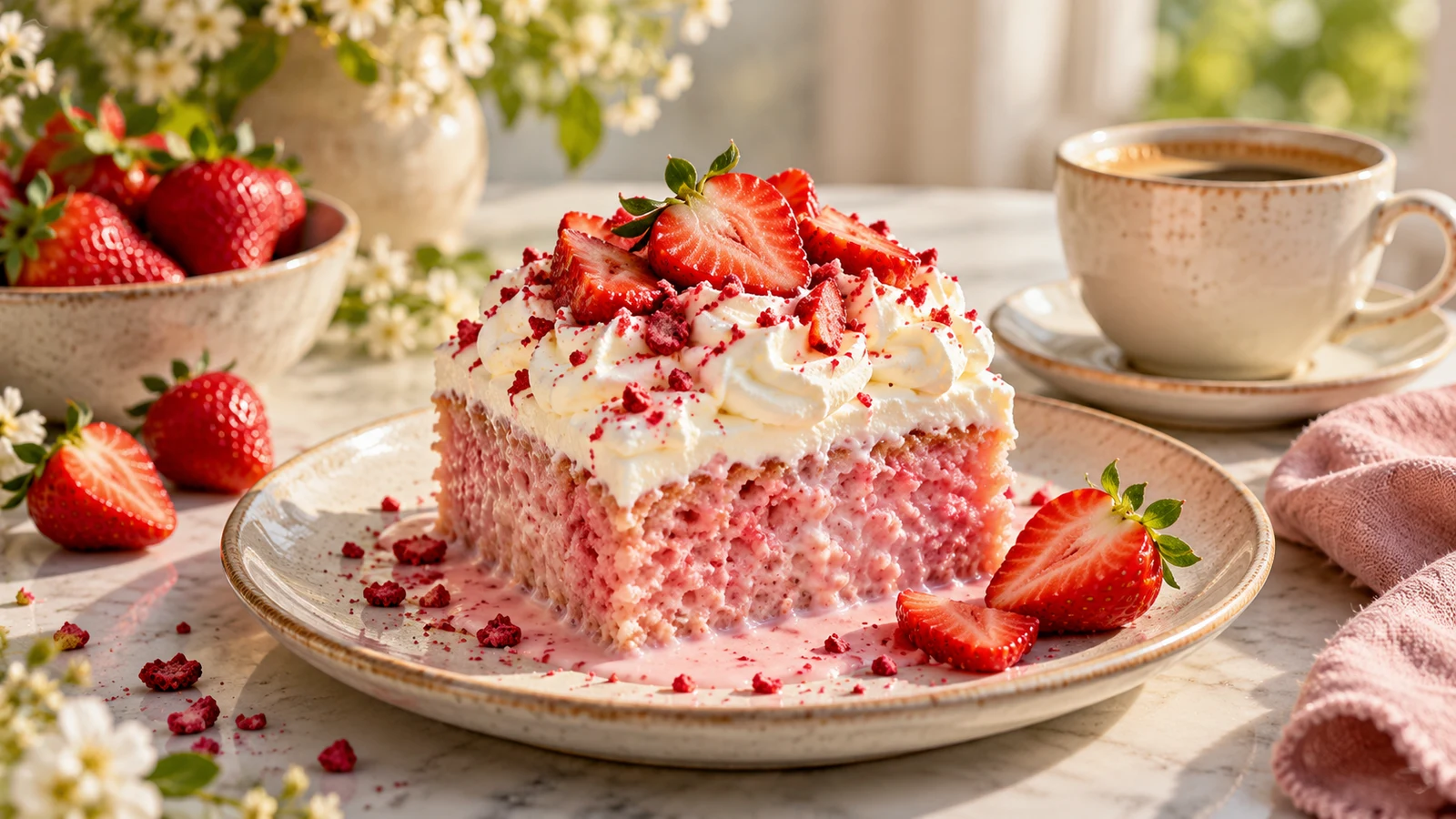 Strawberry tres leches cake slice served with fresh berries and lightly sweetened coffee.