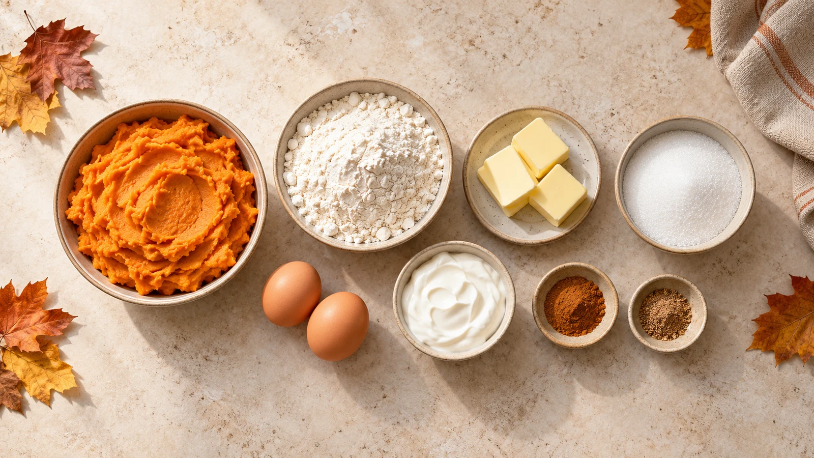 Sweet potato pound cake recipe: ingredients for sweet potato pound cake arranged in a bright, organized overhead flat lay.