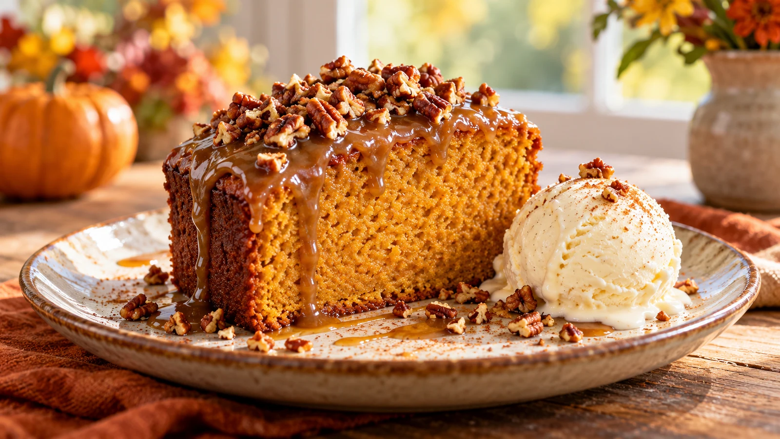 Sweet potato pound cake slice with brown butter glaze, pecans, and vanilla ice cream.