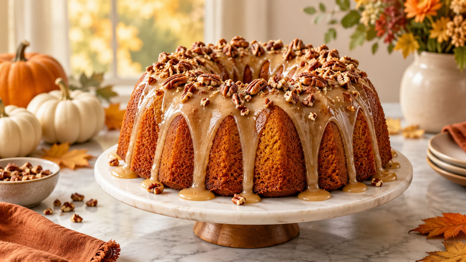 Sweet potato pound cake with brown butter glaze and toasted pecans on a modern autumn table.