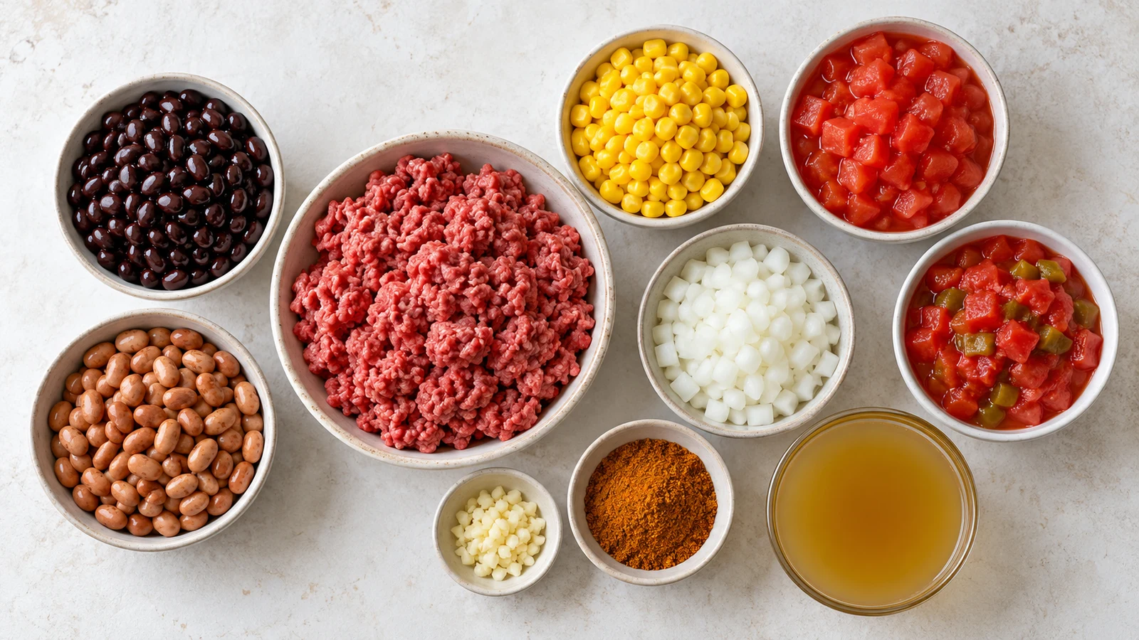 Taco soup recipes: taco soup ingredients arranged in bowls, including beef, beans, corn, tomatoes, onion and garlic.