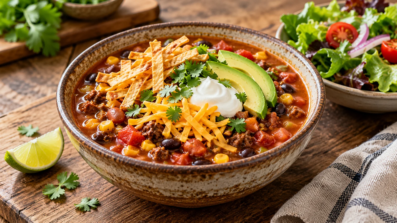 Easy taco soup topped with cheddar, avocado, sour cream, cilantro and tortilla strips, served with salad.