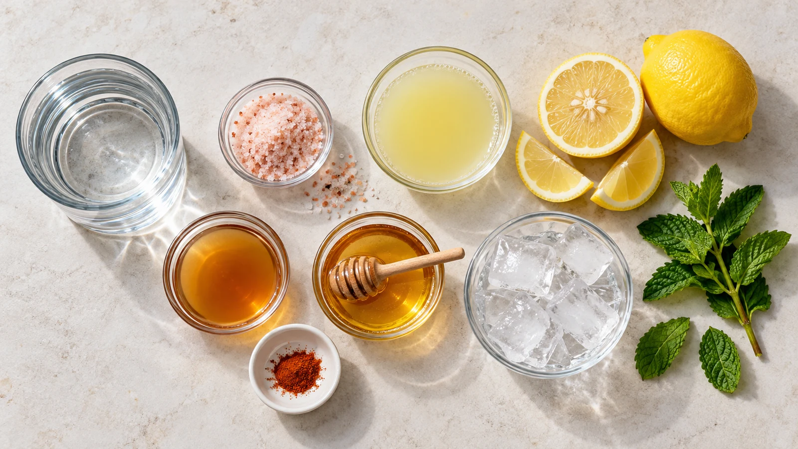 The pink salt trick recipe: ingredients for the pink salt trick arranged in a bright, organized flat lay.