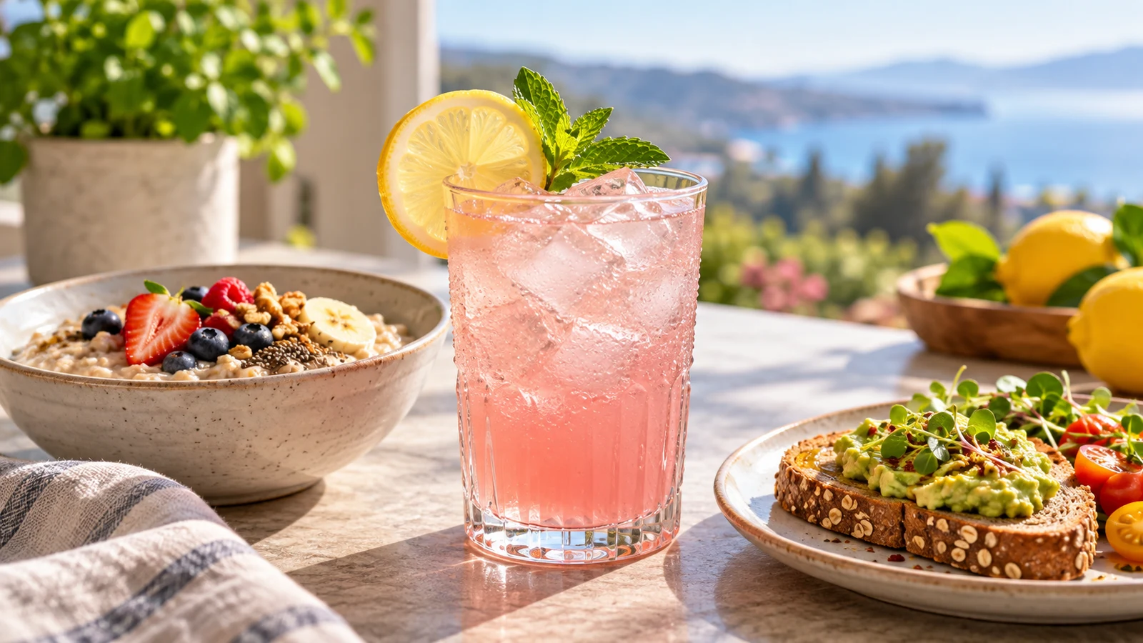 The pink salt trick served with oatmeal and whole-grain toast in natural daylight.