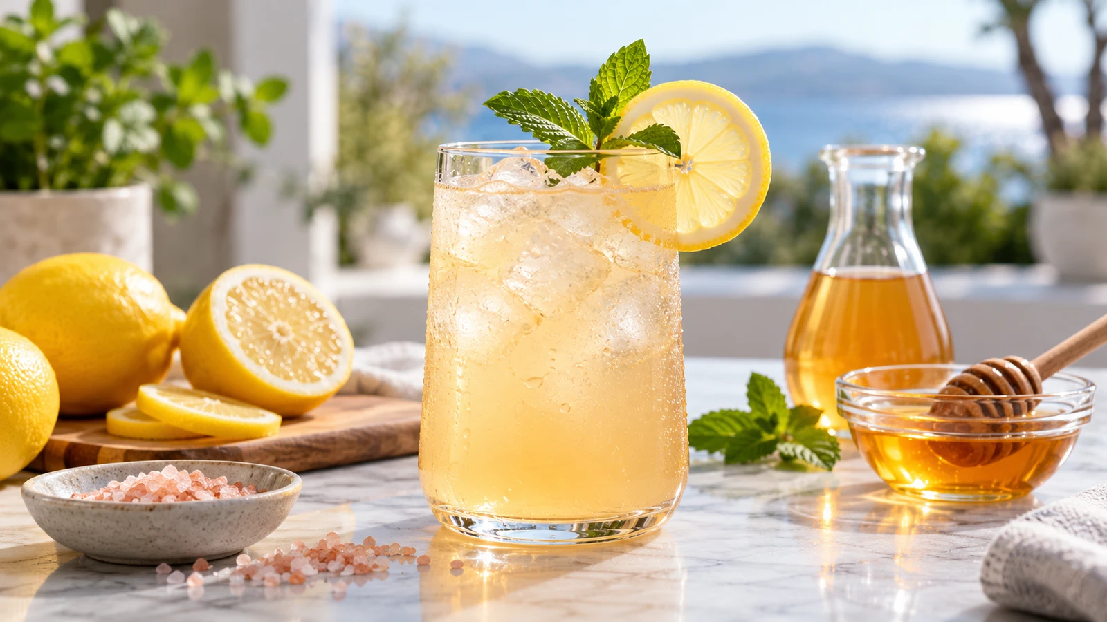The pink salt trick drink over ice with a lemon wheel and fresh mint garnish.