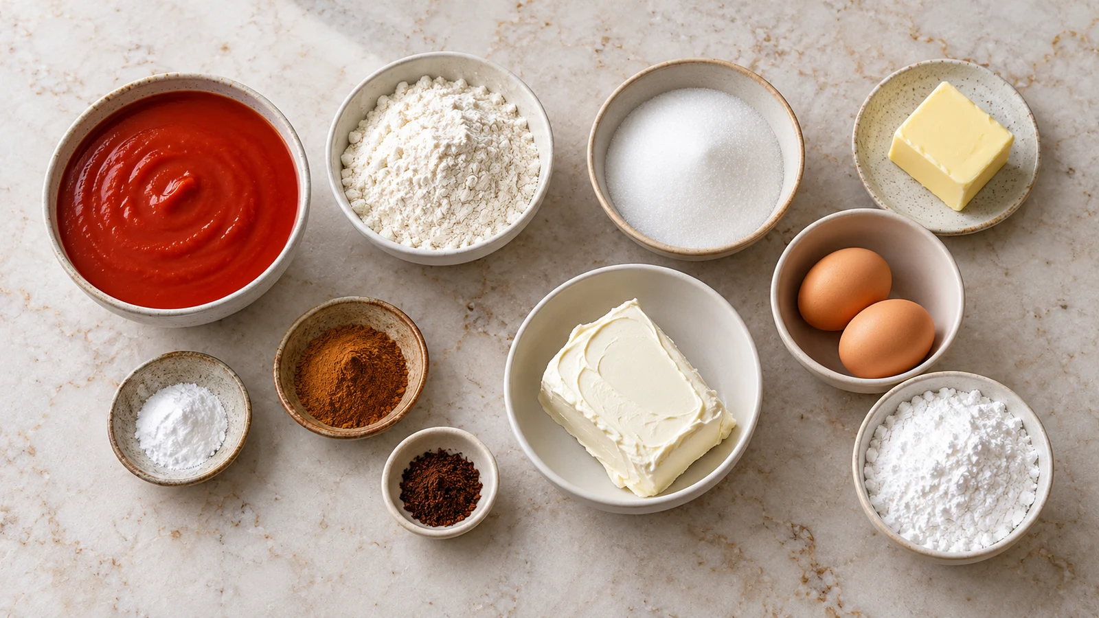 Tomato soup cake recipe: ingredients for tomato soup cake arranged in bowls with flour, spices, eggs, butter, soup, and cream cheese.