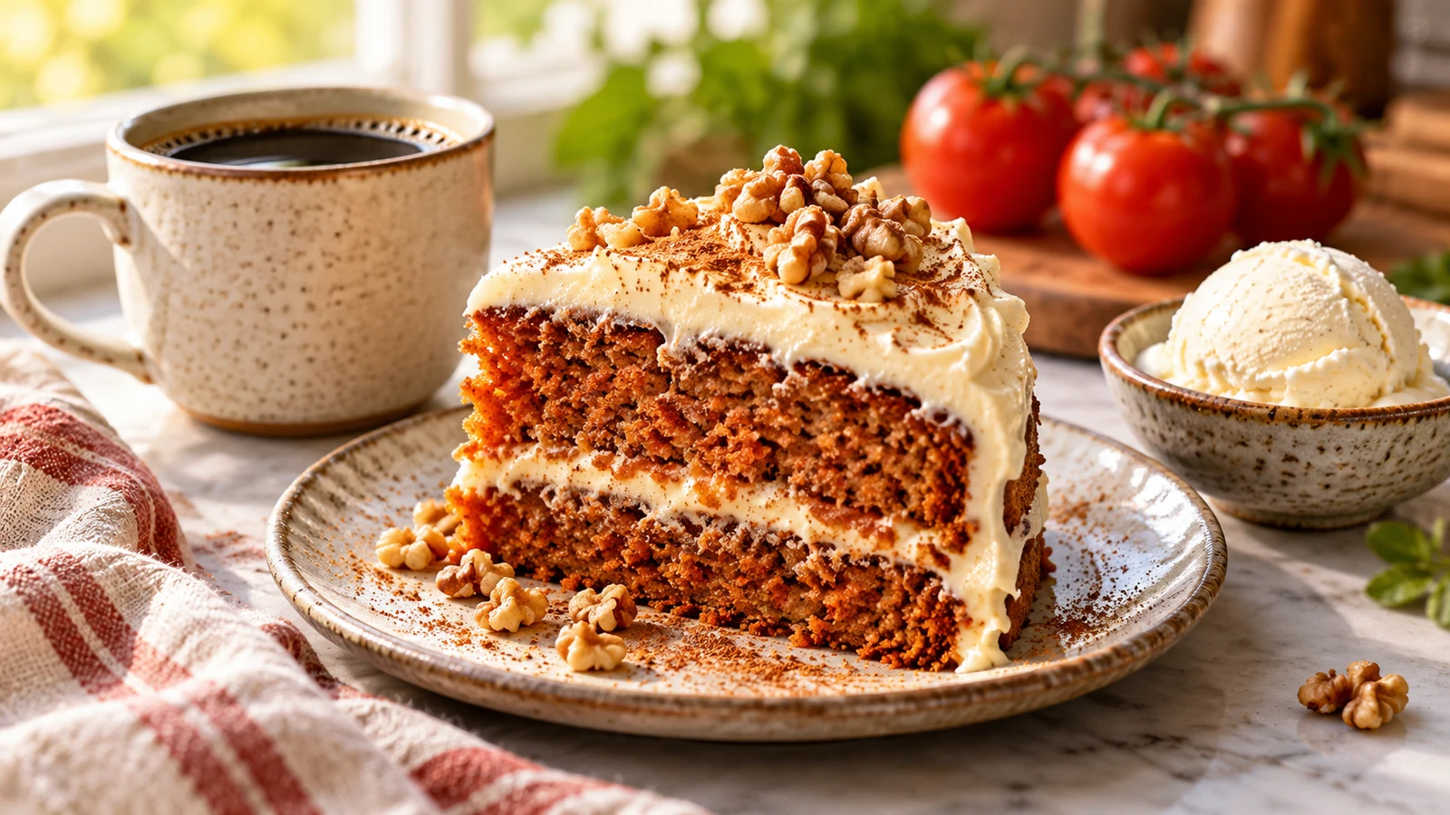 Slice of tomato soup cake served with coffee and vanilla ice cream, topped with walnuts and cinnamon.