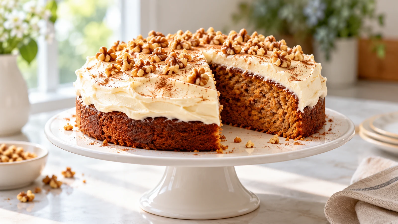 Tomato soup cake with cream cheese frosting, chopped walnuts, and a light cinnamon dusting on a cake stand.