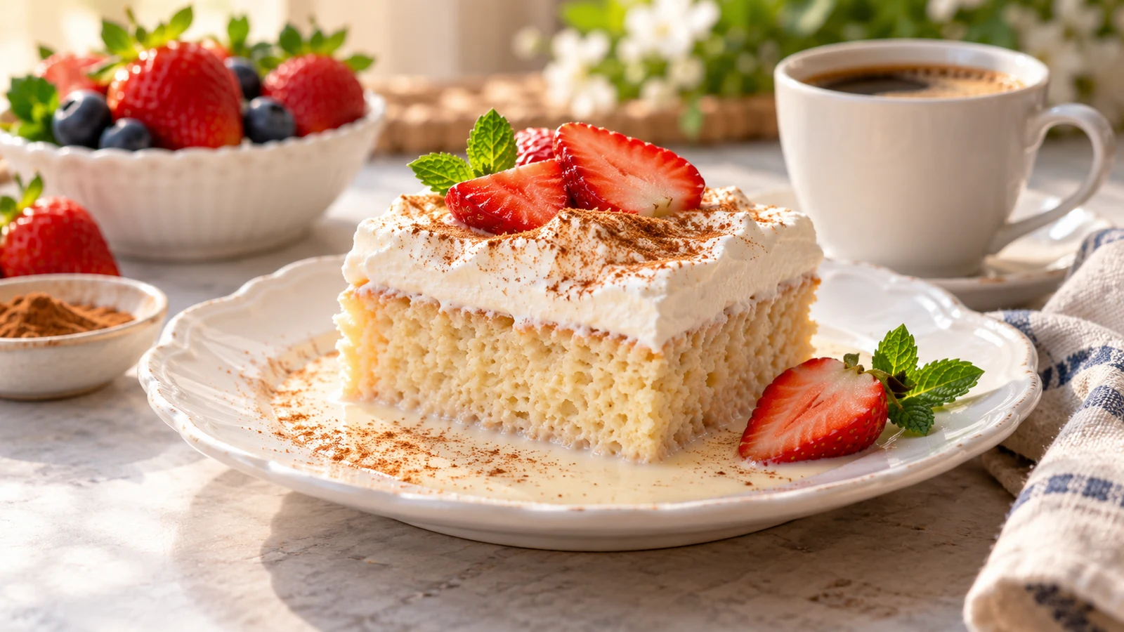 Tres leches cake recipe with box cake plated and served
