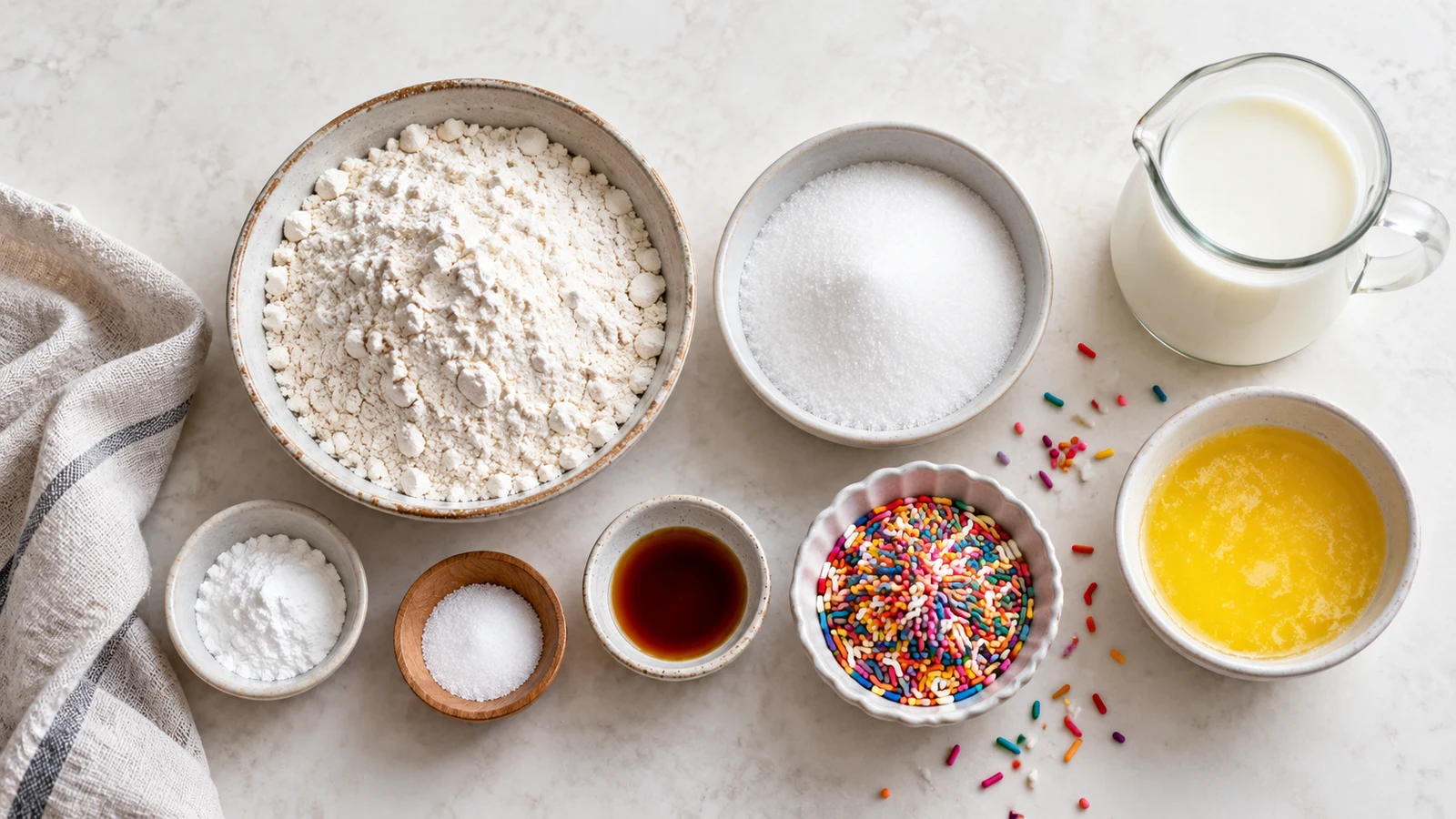 Vanilla mug cake recipe: ingredients for vanilla mug cake arranged neatly in bowls on a light surface.
