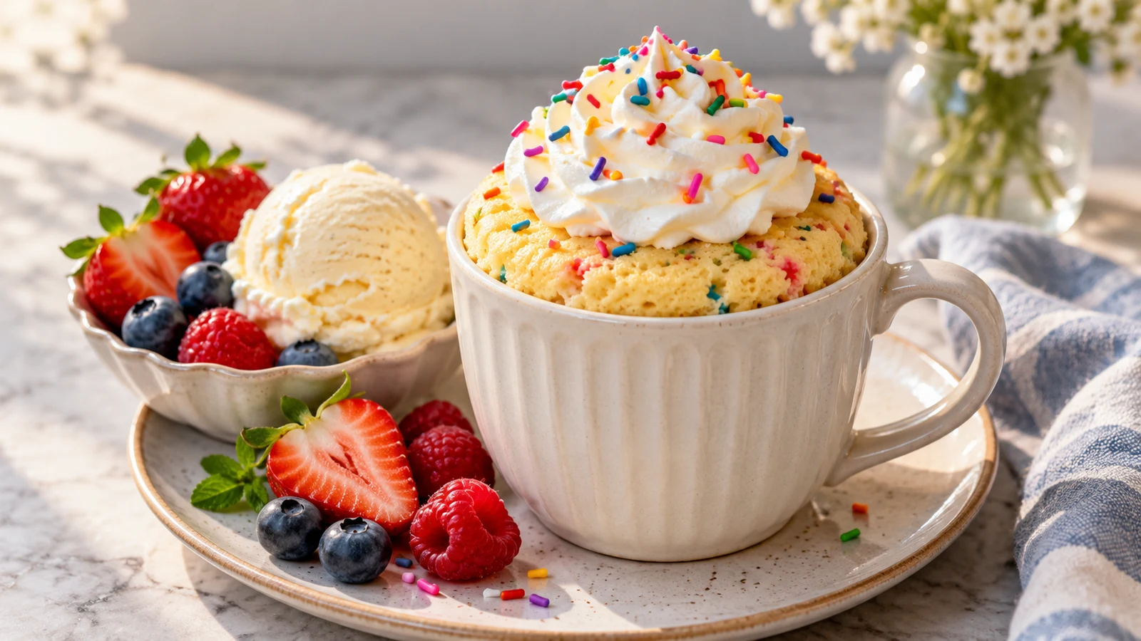 Vanilla mug cake with whipped cream, sprinkles, vanilla ice cream, and fresh berries.