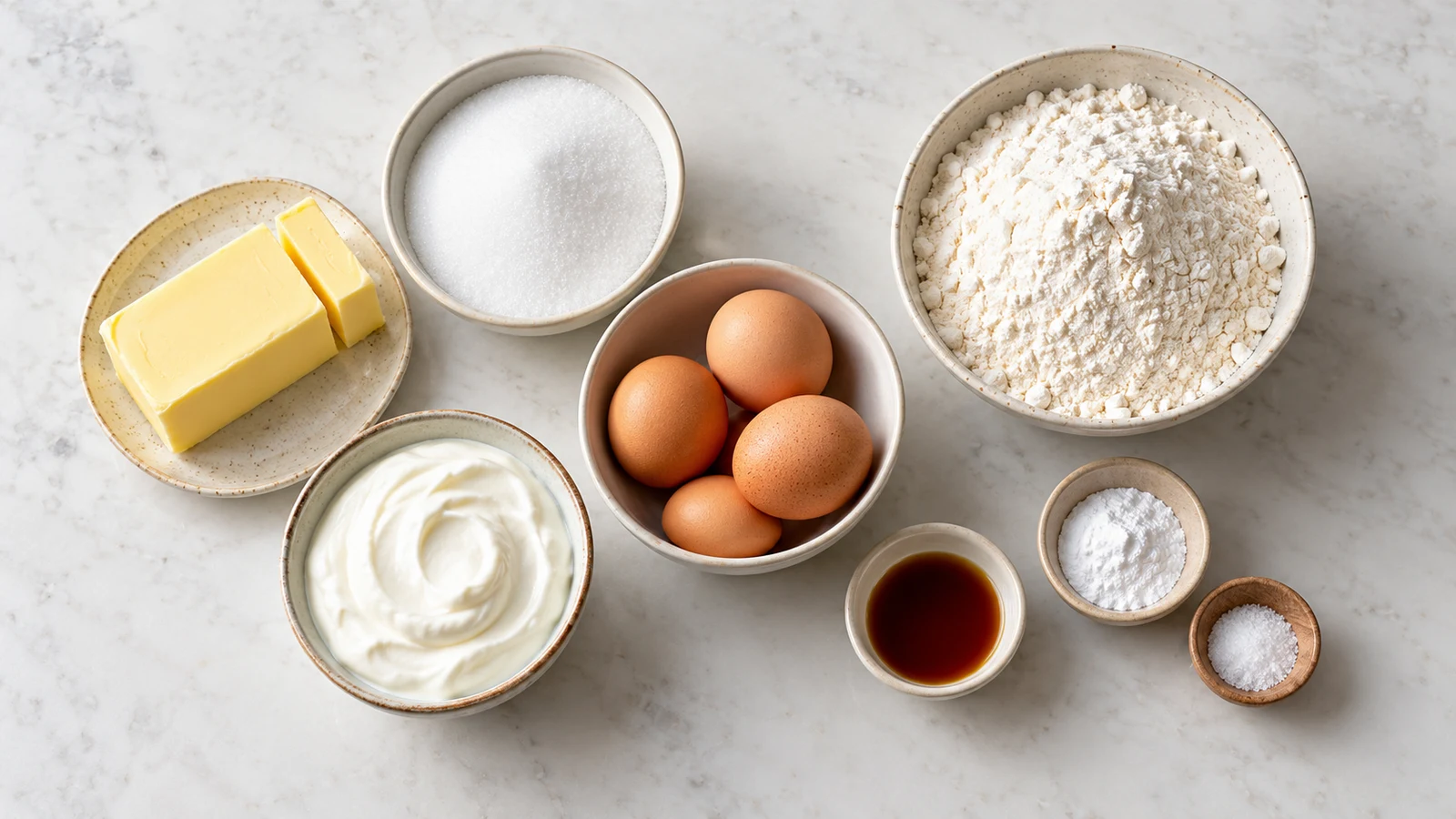 Vanilla pound cake recipe: vanilla pound cake ingredients arranged in bowls on a light surface.