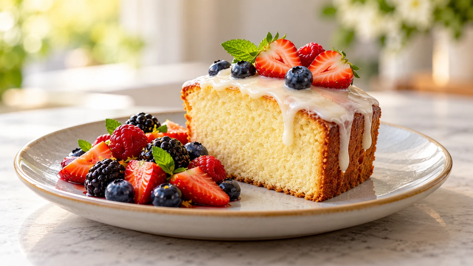 Vanilla pound cake slice with vanilla glaze and mixed berry fruit salad.