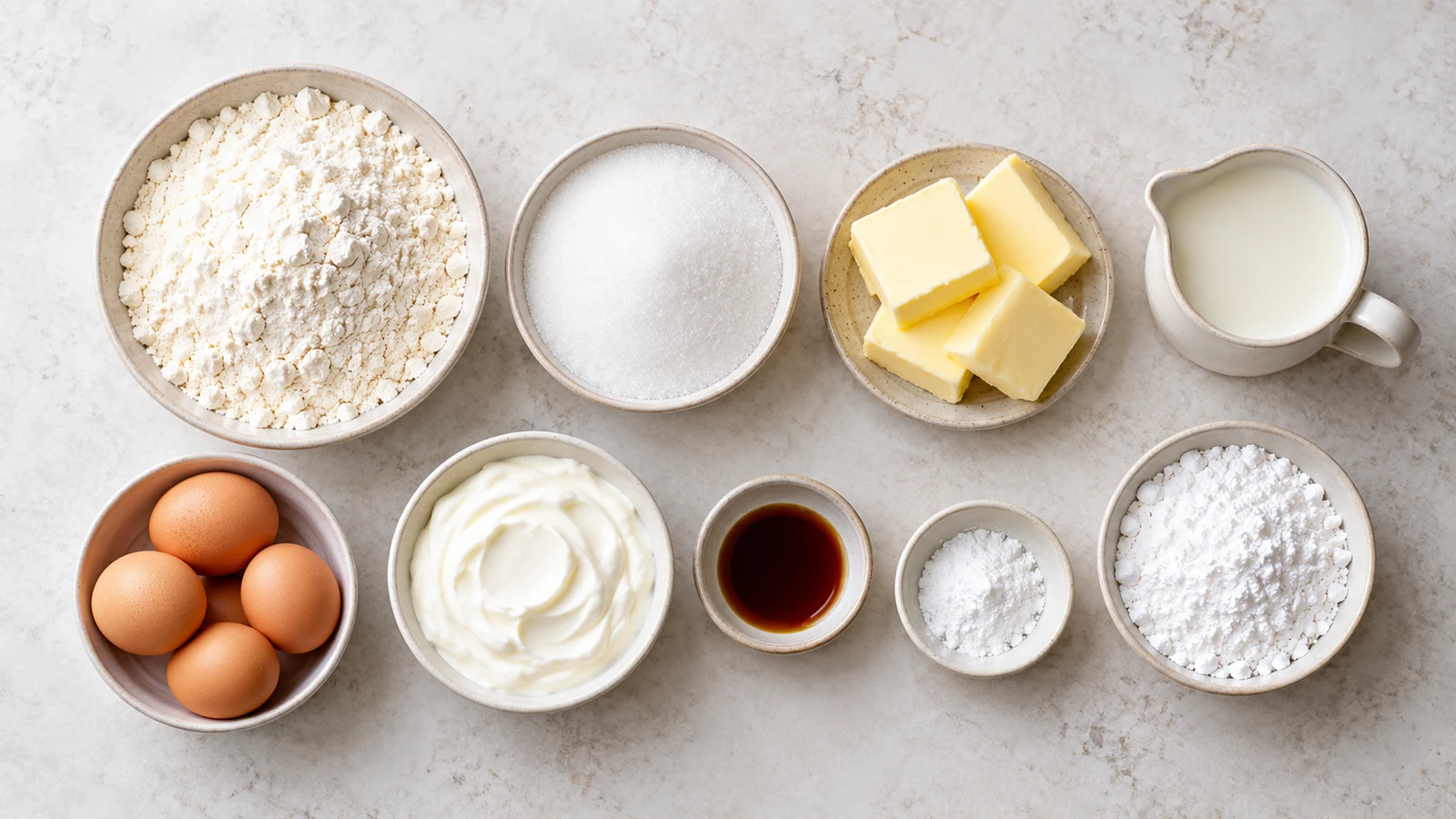Vanilla sheet cake recipe: vanilla sheet cake ingredients arranged in bowls on a clean, light surface.