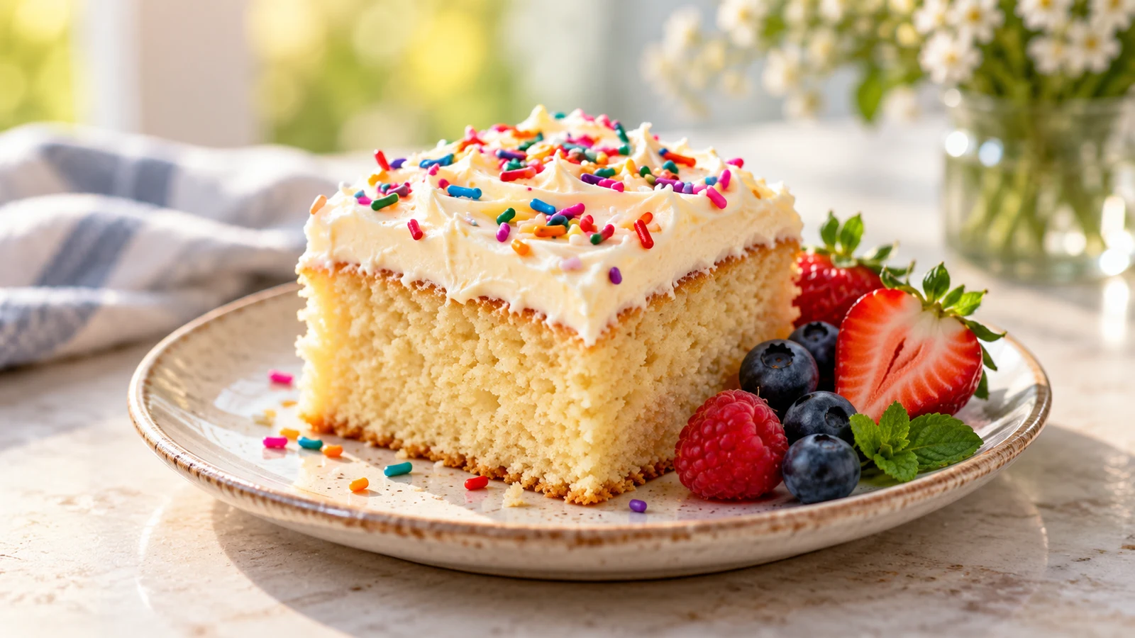 Vanilla sheet cake slice with buttercream, rainbow sprinkles and fresh berries on a ceramic plate.