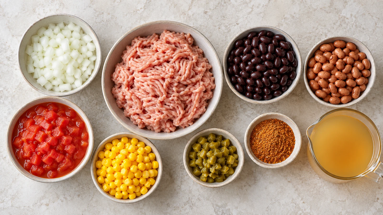 Weight watchers taco soup recipe: ingredients for weight watchers taco soup arranged in bowls on a light surface.