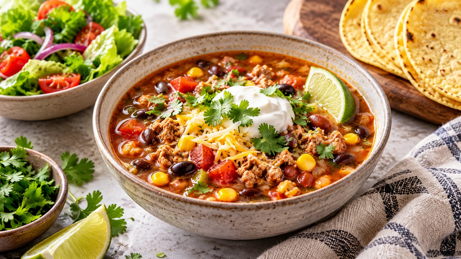 Weight watchers taco soup served with a green salad and warm corn tortillas.