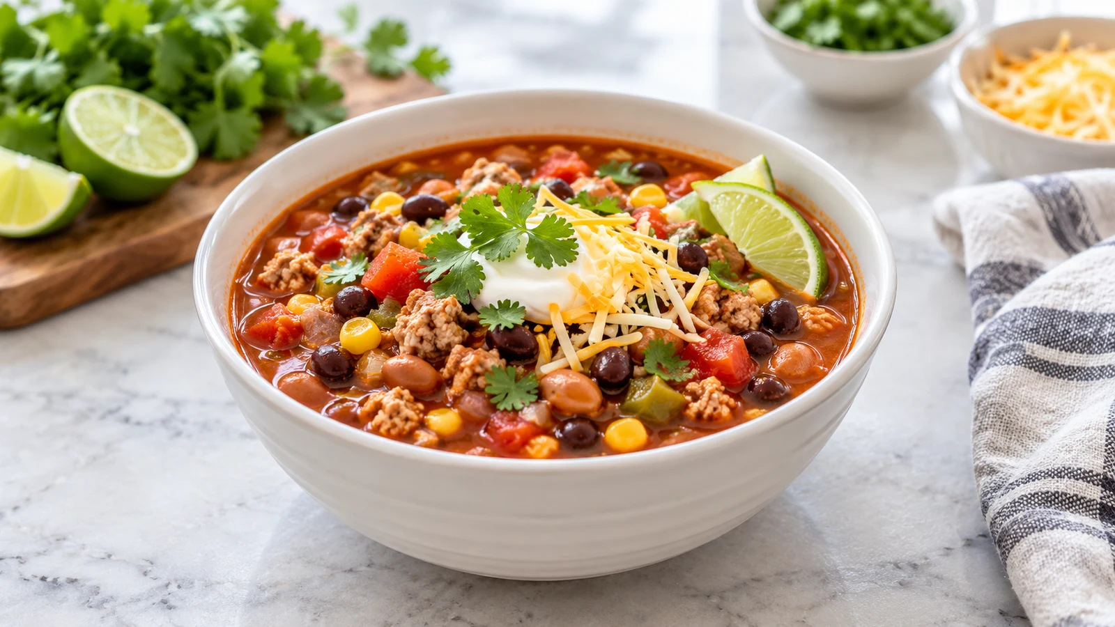 Weight watchers taco soup with turkey, beans, corn, cilantro, Greek yogurt, cheese and lime.