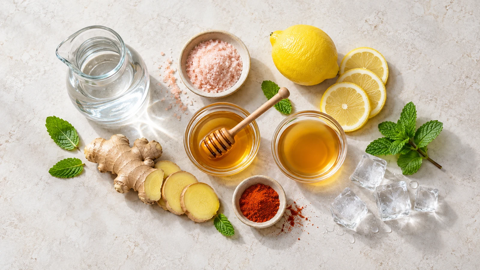 What is the pink salt trick recipe: ingredients for what is the pink salt trick, arranged neatly with lemon, ginger, mint, honey, and ice.