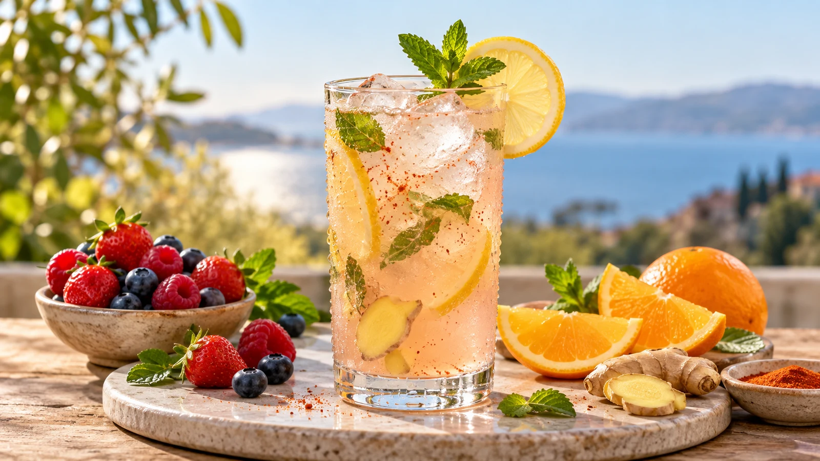 What is the pink salt trick served with a lemon wheel, fresh mint, berries, and orange slices.