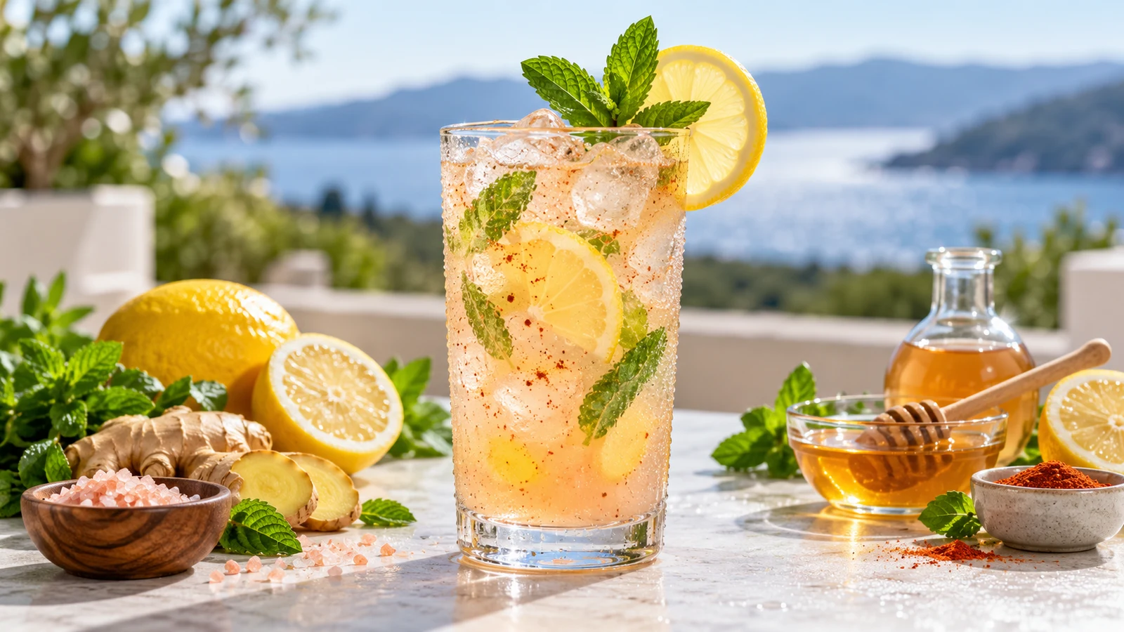 What is the pink salt trick drink with lemon, ginger, mint, cayenne, and ice in a clear glass.