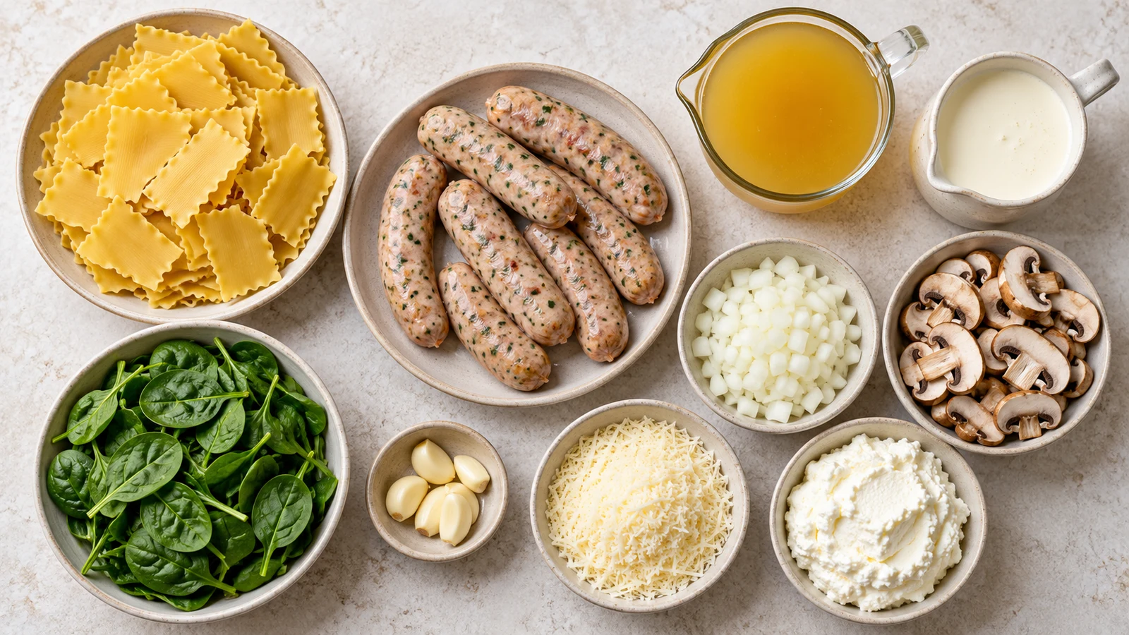 White lasagna soup ingredients arranged in bowls with sausage, noodles, mushrooms, spinach and cheeses.