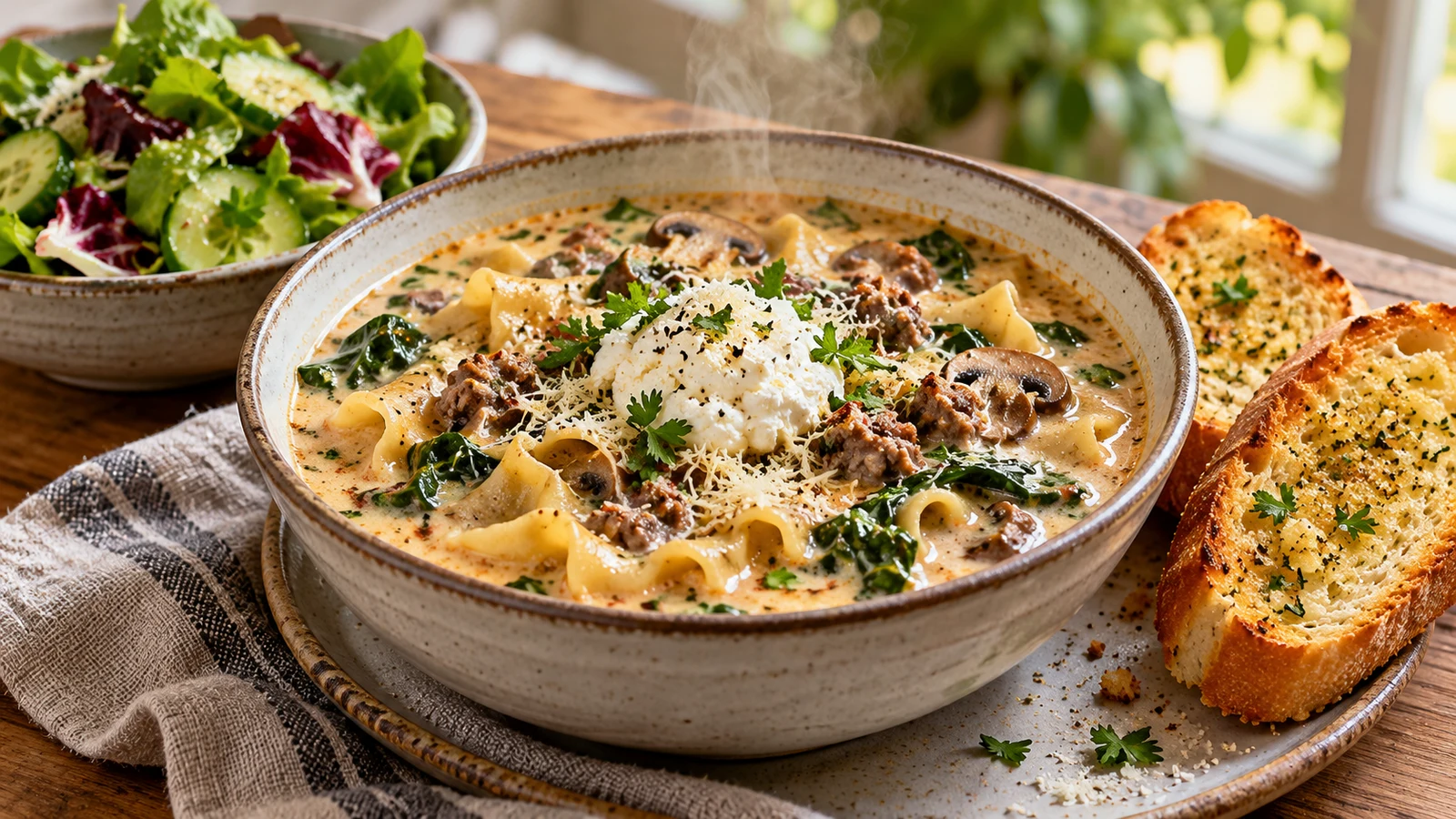 White lasagna soup served with ricotta, Parmesan, parsley, garlic bread and a simple green salad.